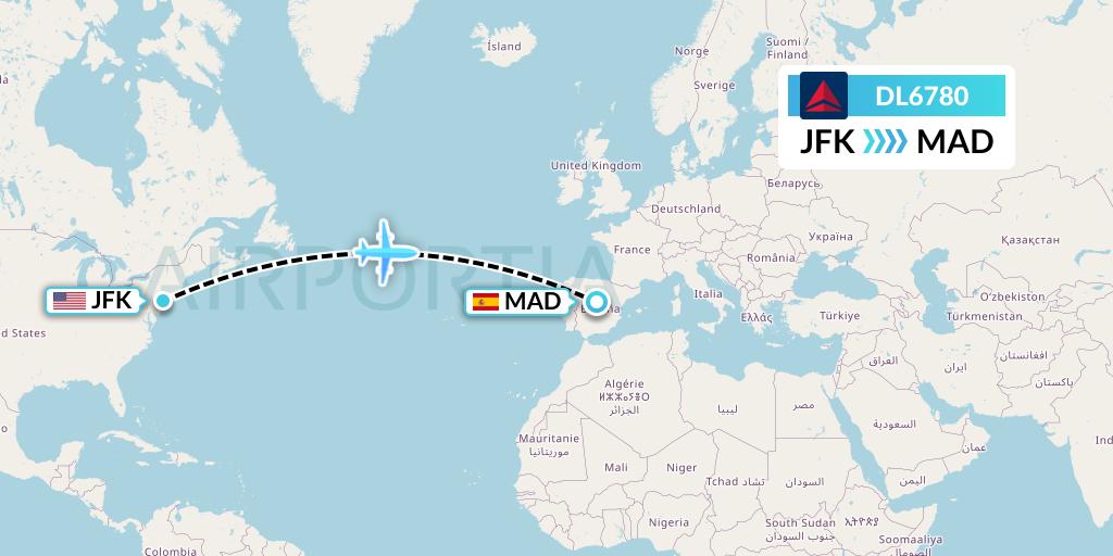 DL6780 Delta Air Lines Flight Map: New York to Madrid