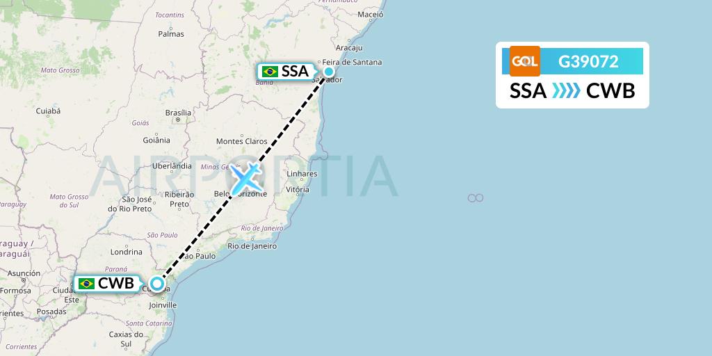 G39072 GOL Transportes Aeros Flight Map: Salvador to Curitiba