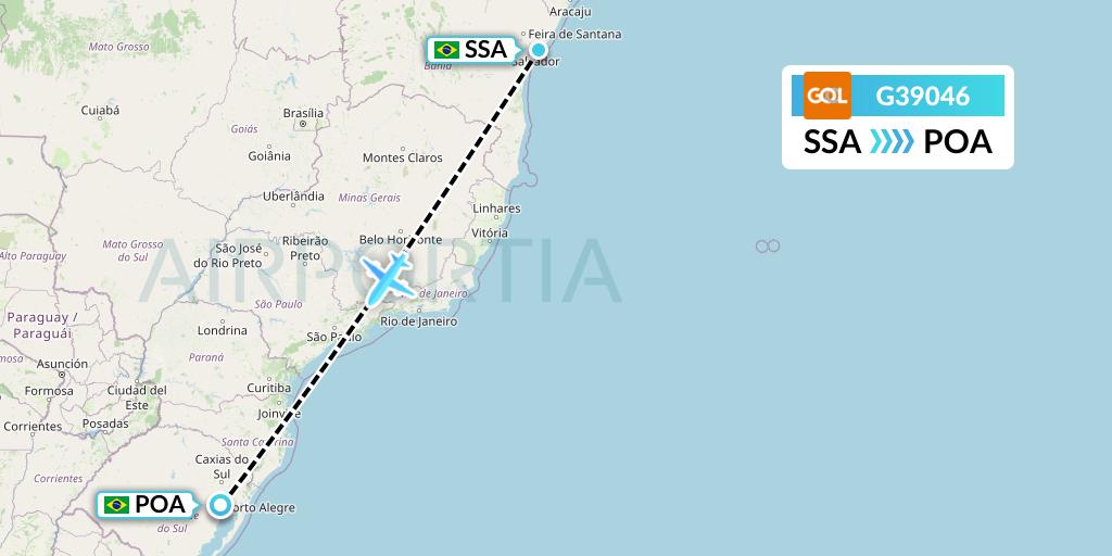 G39046 GOL Transportes Aeros Flight Map: Salvador to Porto Alegre