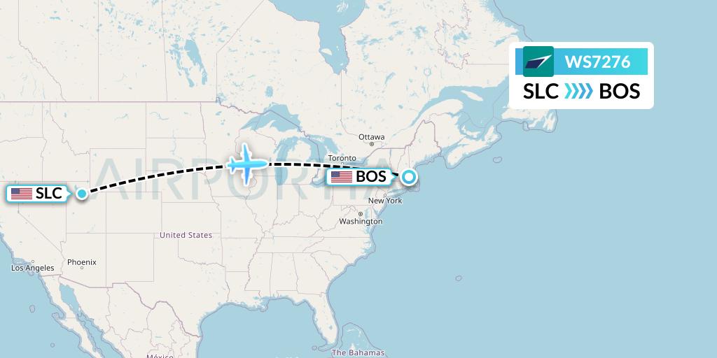 WS7276 WestJet Flight Map: Salt Lake City to Boston