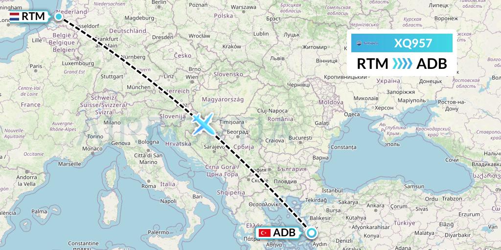 XQ957 SunExpress Flight Map: Rotterdam to Izmir