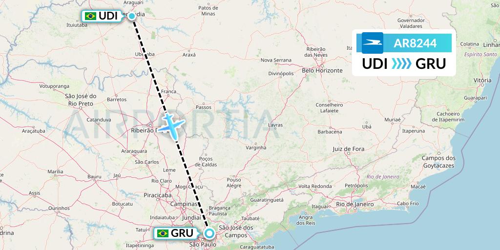 AR8244 Aerolineas Argentinas Flight Map: Uberlandia to Sao Paulo