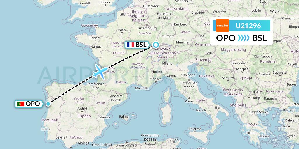 U21296 EasyJet Flight Map: Porto to Basel