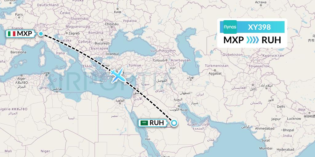 XY398 Flynas Flight Map: Milan to Riyadh
