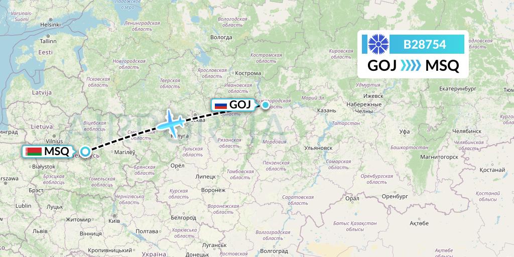 B28754 Belavia Flight Map: Nizhny Novgorod to Minsk