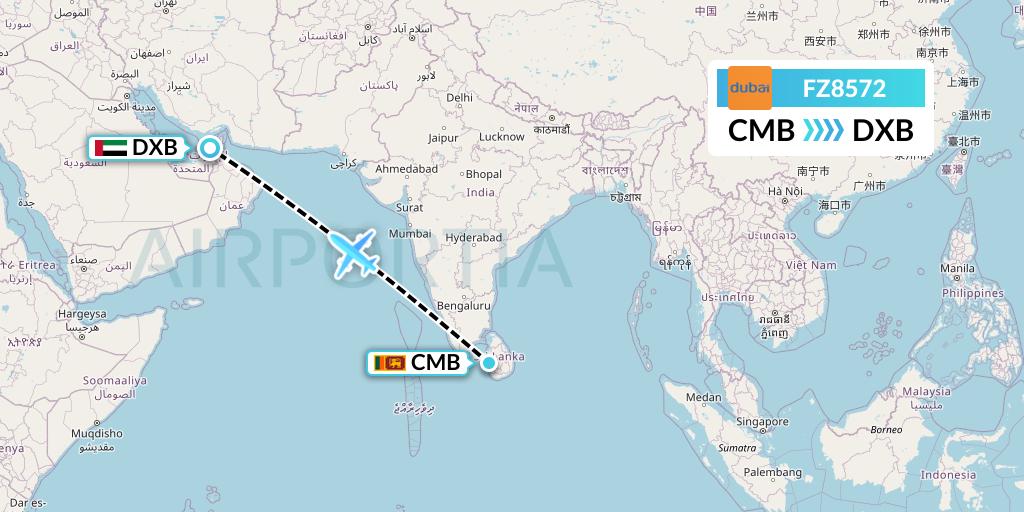 FZ8572 FlyDubai Flight Map: Colombo to Dubai