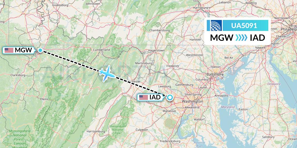 UA5091 United Airlines Flight Map: Morgantown to Washington