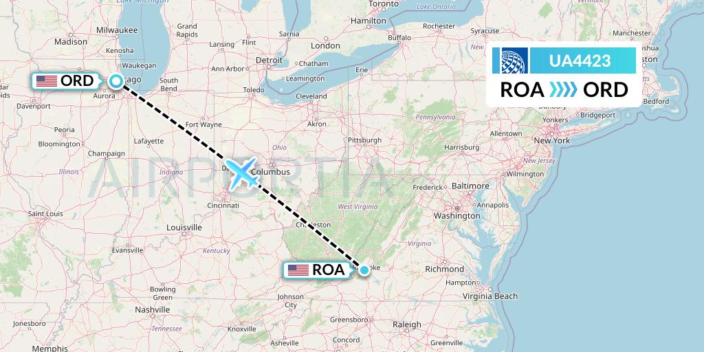 UA4423 United Airlines Flight Map: Roanoke to Chicago