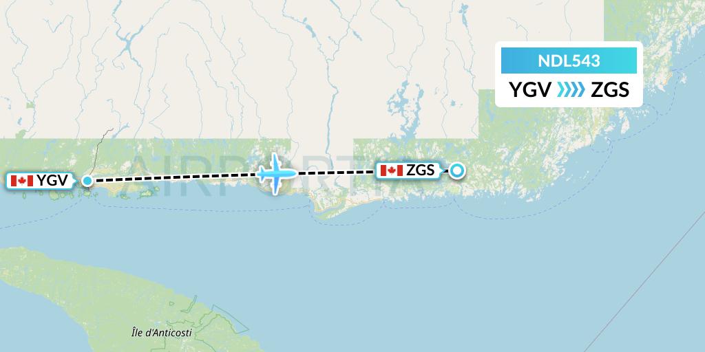 NDL543 Chrono Aviation Flight Map: Havre-Saint-Pierre to Gethsemani