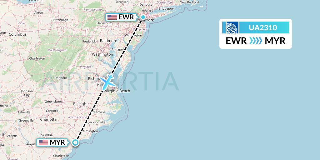 UA2310 United Airlines Flight Map: New York to Myrtle Beach