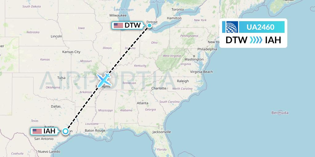 UA2460 United Airlines Flight Map: Detroit to Houston