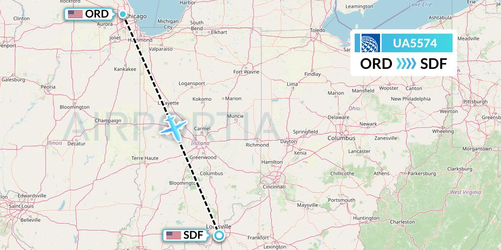 UA5574 United Airlines Flight Map: Chicago to Louisville