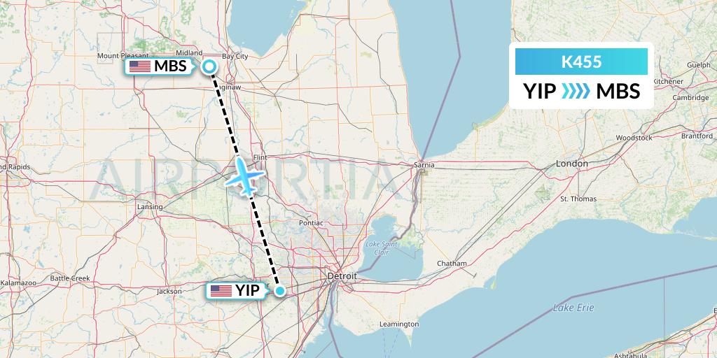 K455 Kalitta Air Flight Map: Detroit to Saginaw