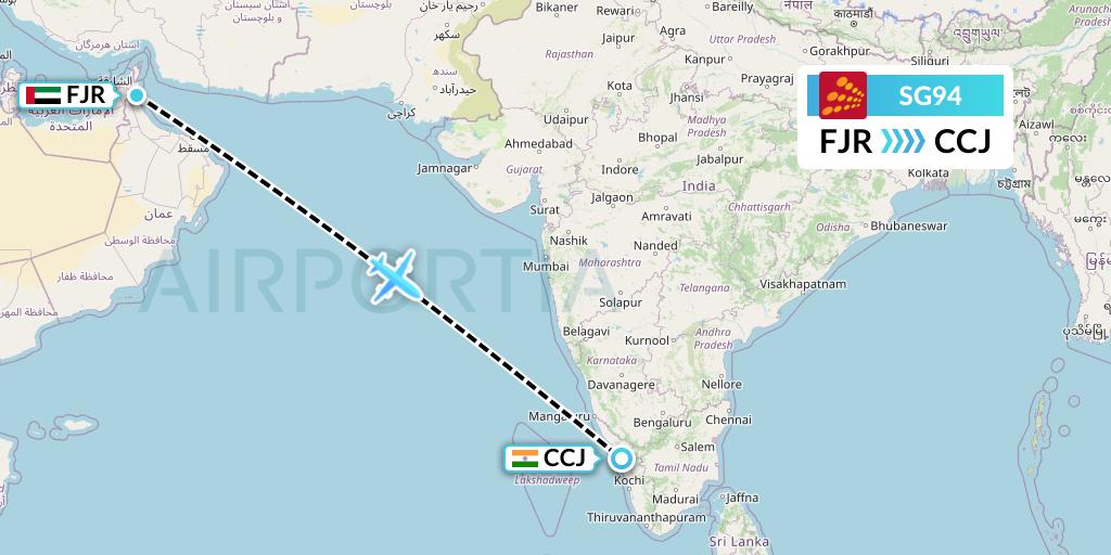 SG94 SpiceJet Flight Map: Fujairah to Kozhikode