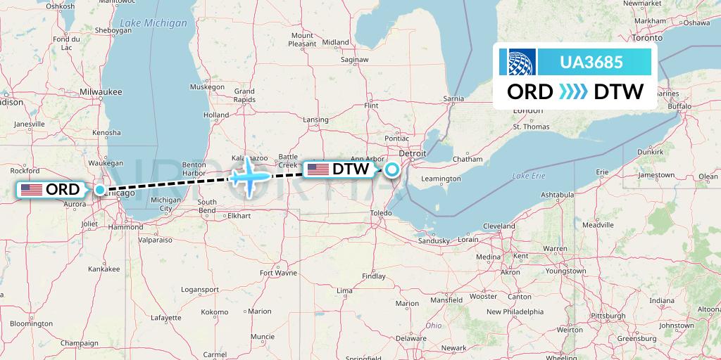UA3685 United Airlines Flight Map: Chicago to Detroit