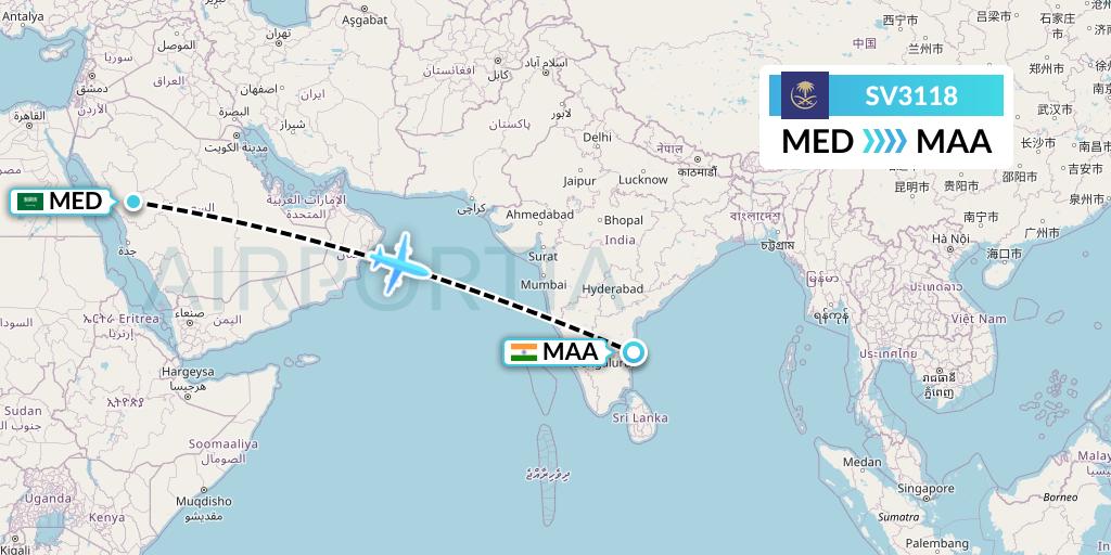 SV3118 Saudi Arabian Airlines Flight Map: Medina to Chennai