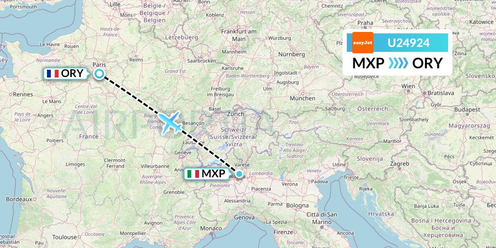 U24924 EasyJet Flight Map: Milan to Paris
