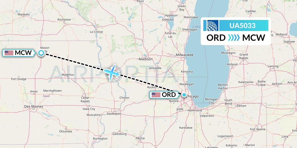 UA5033 United Airlines Flight Map: Chicago to Mason City
