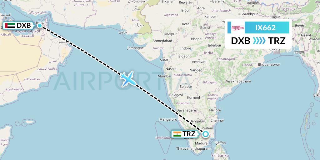 IX662 Air India Express Flight Map: Dubai to Tiruchirapalli
