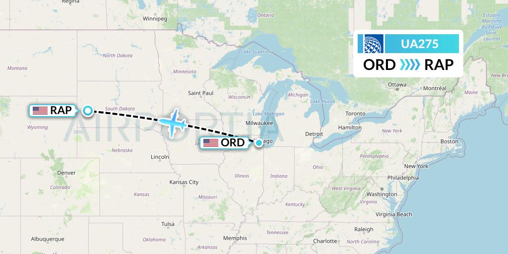 UA275 United Airlines Flight Map: Chicago to Rapid City