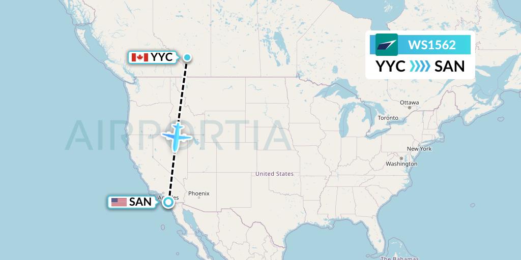 WS1562 WestJet Flight Map: Calgary to San Diego