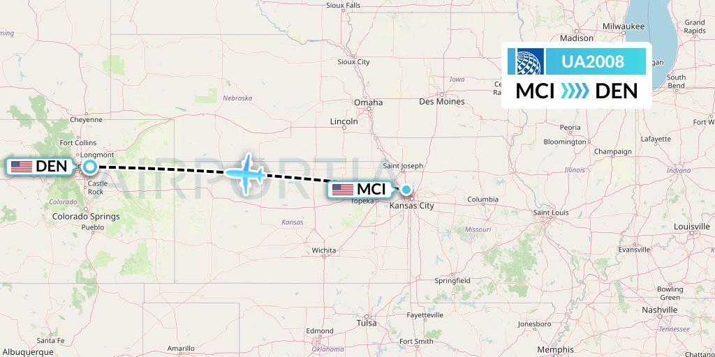 UA2008 United Airlines Flight Map: Kansas City to Denver