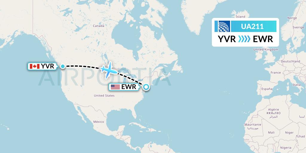 UA211 United Airlines Flight Map: Vancouver to New York