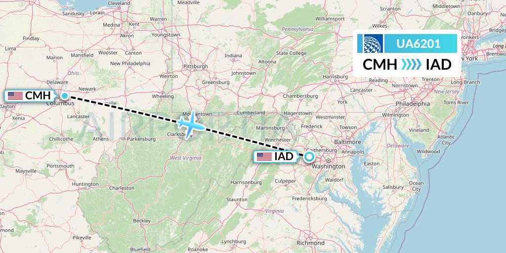UA6201 United Airlines Flight Map: Columbus to Washington