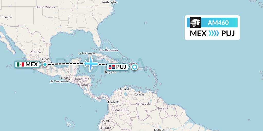 AM460 Aeromexico Flight Map: Mexico City to Punta Cana