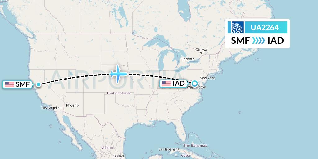 UA2264 United Airlines Flight Map: Sacramento to Washington