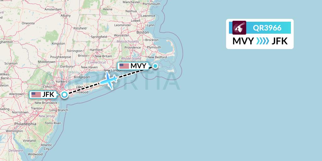 QR3966 Qatar Airways Flight Map: Martha's Vineyard to New York