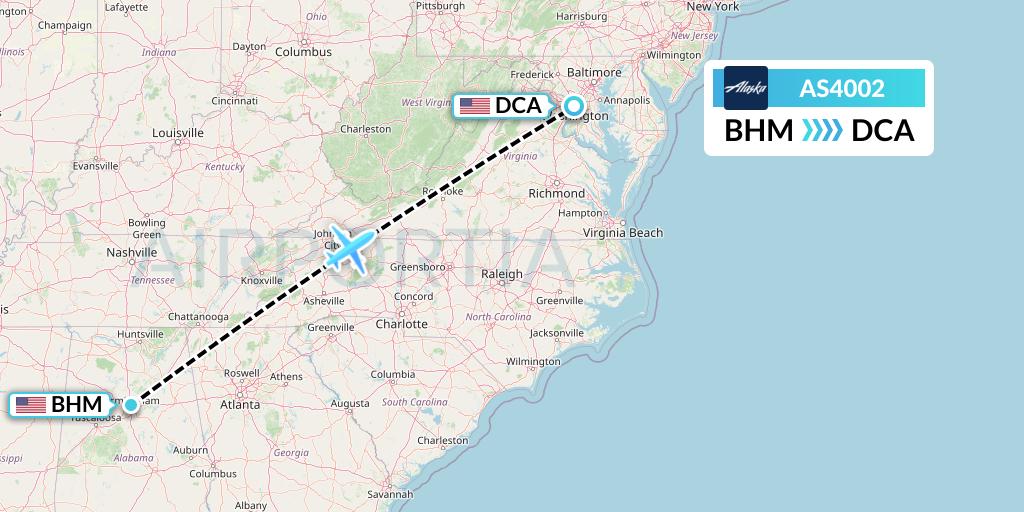 AS4002 Alaska Airlines Flight Map: Birmingham to Washington