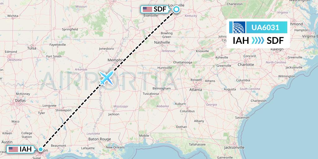 UA6031 United Airlines Flight Map: Houston to Louisville