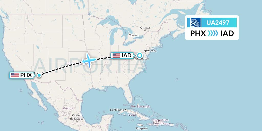 UA2497 United Airlines Flight Map: Phoenix to Washington