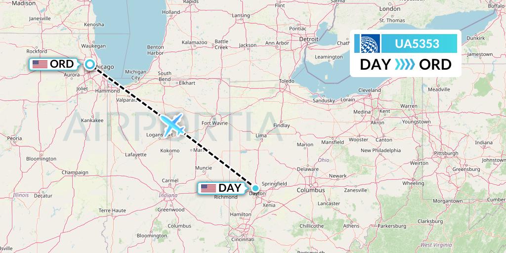 UA5353 United Airlines Flight Map: Dayton to Chicago