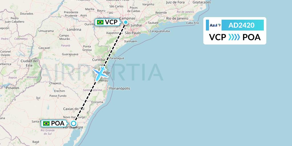 AD2420 Azul Brazilian Airlines Flight Map: Campinas to Porto Alegre