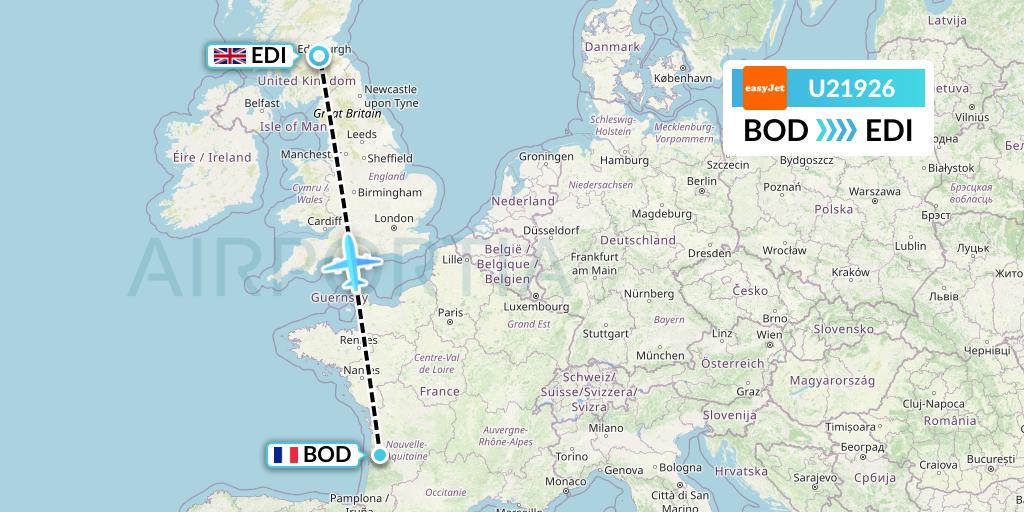 U21926 EasyJet Flight Map: Bordeaux to Edinburgh