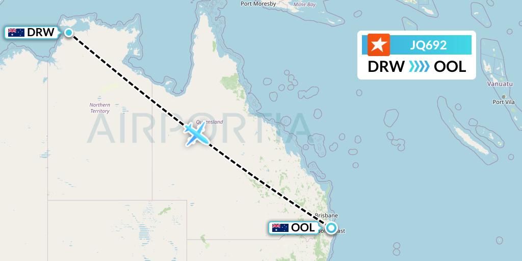 JQ692 Jetstar Airways Flight Map: Darwin to Gold Coast