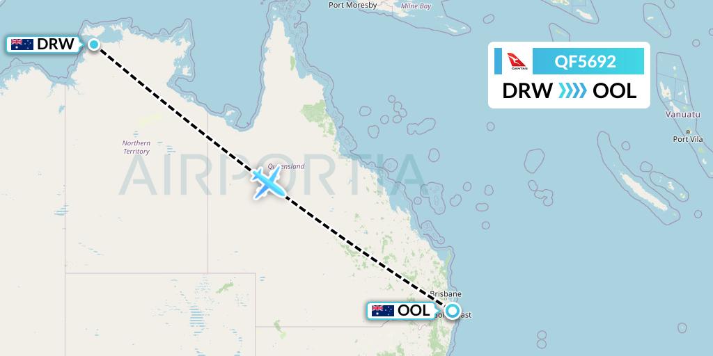 QF5692 Qantas Flight Map: Darwin to Gold Coast
