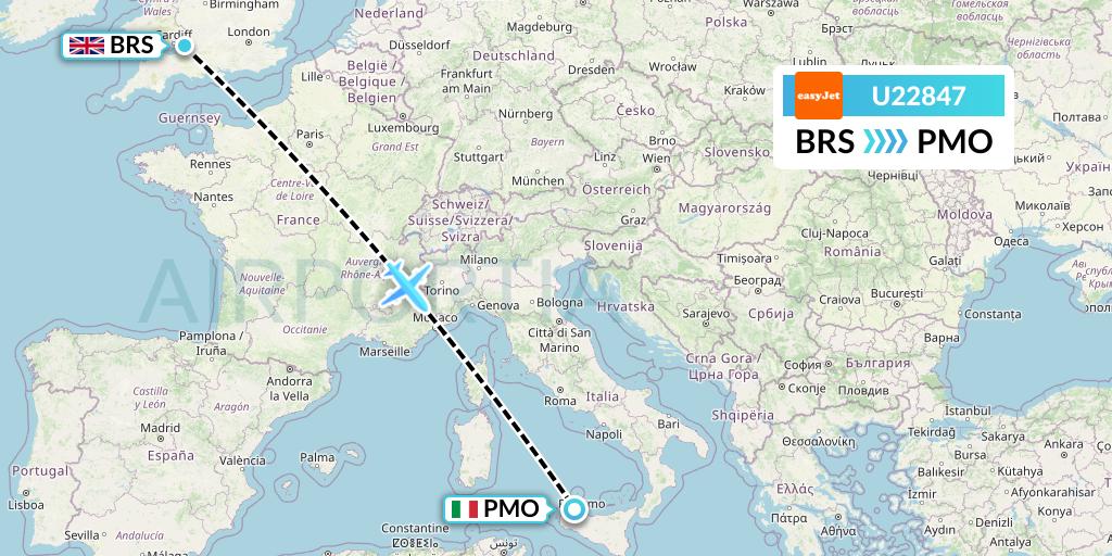 U22847 EasyJet Flight Map: Bristol to Palermo