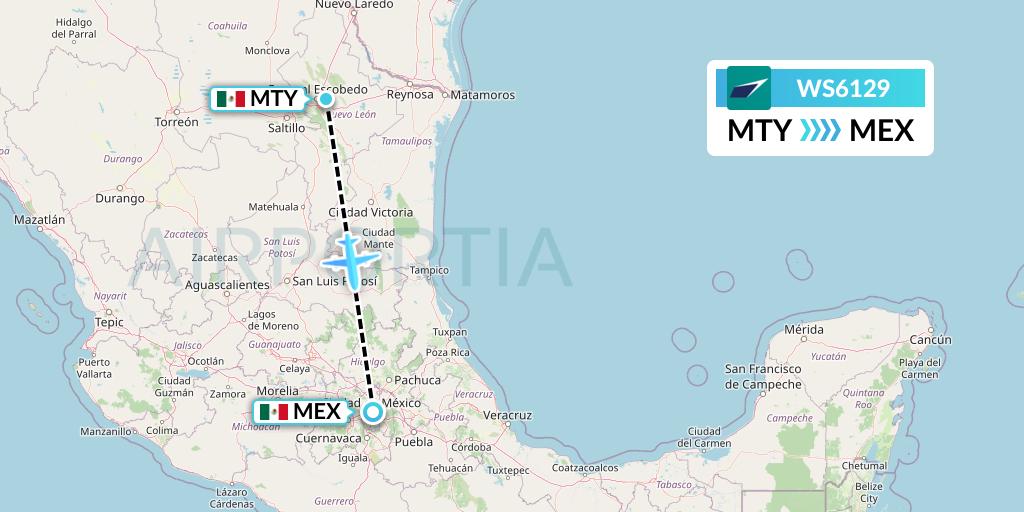 WS6129 WestJet Flight Map: Monterrey to Mexico City