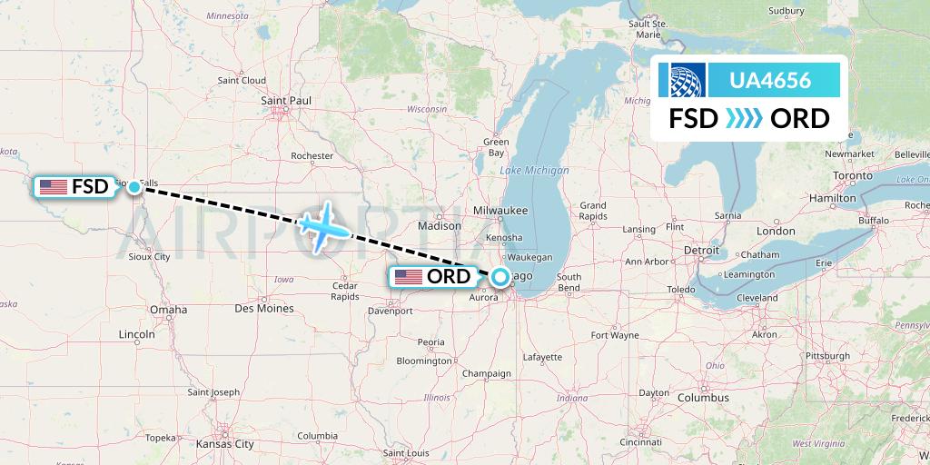 UA4656 United Airlines Flight Map: Sioux Falls to Chicago
