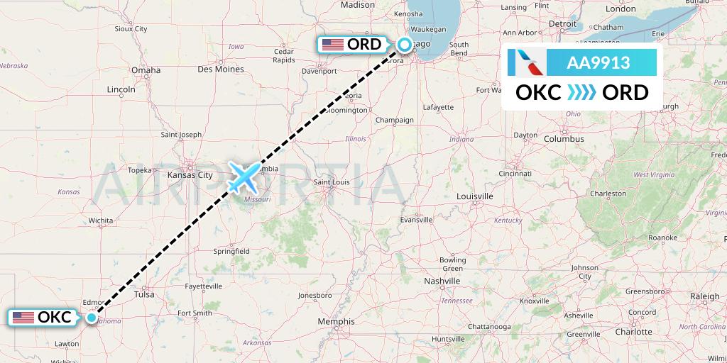 AA9913 American Airlines Flight Map: Oklahoma City to Chicago