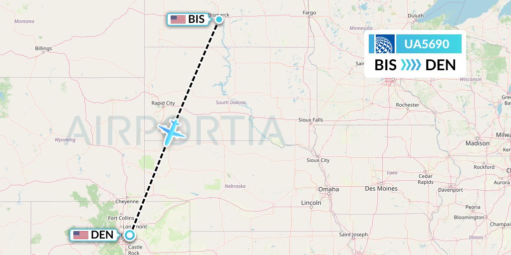 UA5690 United Airlines Flight Map: Bismarck to Denver