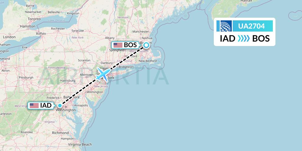 UA2704 United Airlines Flight Map: Washington to Boston