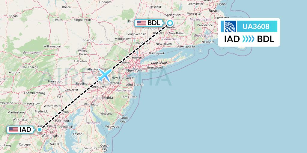 UA3608 United Airlines Flight Map: Washington to Windsor Locks