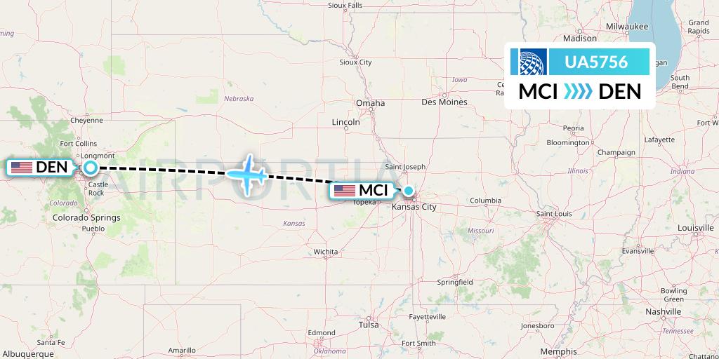 UA5756 United Airlines Flight Map: Kansas City to Denver