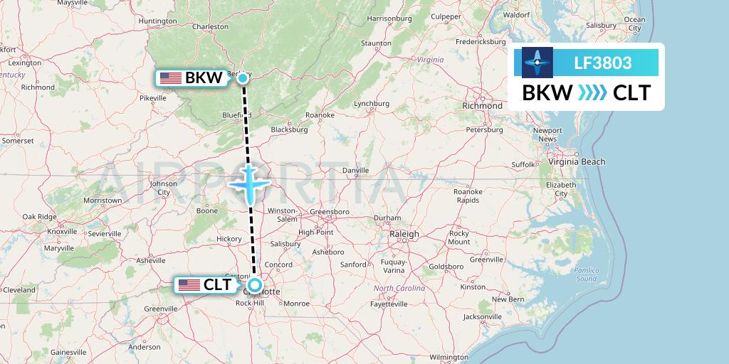 LF3803 Corporate Flight Management Flight Map: Beckley to Charlotte