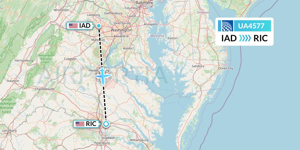 UA4577 United Airlines Flight Map: Washington to Richmond