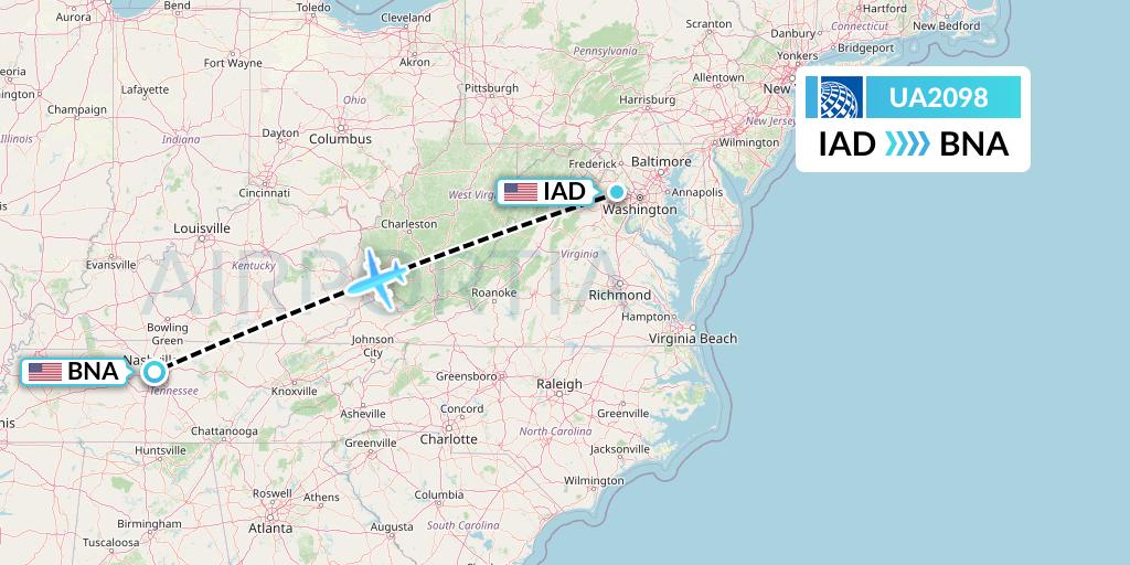 UA2098 United Airlines Flight Map: Washington to Nashville